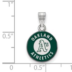 the oakland athletics logo is shown in green and white on an 18mm round pendant