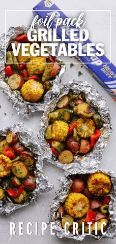 grilled vegetables in tin foil with text overlay