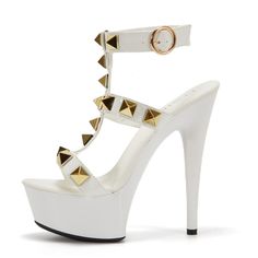 Shop White Rivet T-Strap Stiletto Heels Platform Sandals Strappy Dance Sandals color White for Anniversary, Big Day, Dancing Club, Music Festival, Night Club with worldwide Free shipping & Free return. White T-strap Sandals For Party With Round Toe, White High Heel T-strap Sandals With Heel Strap, White T-strap High Heel Sandals With Heel Strap, White High Heel T-strap Sandals, Party T-strap Sandals With Buckle Closure, T-strap Sandals With Buckle Closure For Party, Summer T-strap Heels With 4-inch Heel, Summer T-strap Sandals With 4-inch Heel, Summer T-strap Fitted Heels