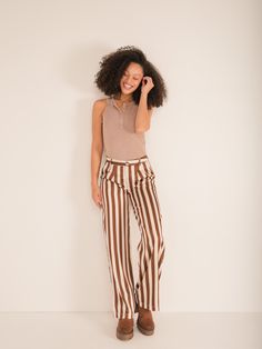 Molly Green - Cassie Striped Pants - Pants Chic Striped Bottoms, Chic Wide Leg Bottoms With Vertical Stripes, Trendy Striped Pants For Work, Trendy Vertical Stripes Bottoms For Workwear, Trendy Vertical Stripes Pants For Work, Chic Striped High-waisted Wide Leg Pants, Trendy Vertical Stripes Pants For Workwear, Chic Striped High-waisted Pants, Trendy Workwear Bottoms With Vertical Stripes