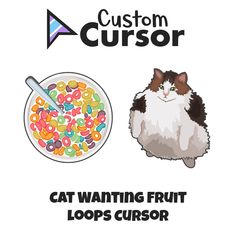 a cat sitting next to a bowl of cereal with the words custom cusor on it