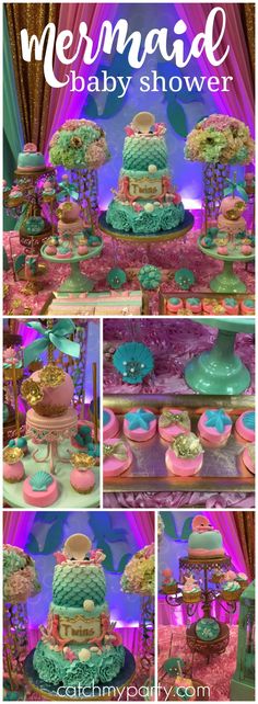 mermaid baby shower party with cupcakes and cakes