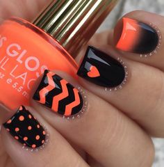 Orange and black combinations for your winter nail art. Combine cute designs like polka dots, zigzags, hearts and gradient techniques to make your nail art stand out. Chevron Nail Art, Unghie Nail Art, Design Nails, Winter Nail Art, Nail Swag, Black And Orange, Cute Nail Designs