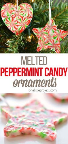 melted peppermint candy ornament on a christmas tree with text overlay