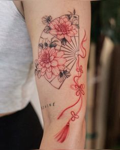 @doraahuuu.art on ig Japanese Fan Tattoo, Charm Tattoo, Cool Wrist Tattoos, Theme Tattoo, Floral Tattoo Sleeve, Red Ink Tattoos, Pretty Tattoos For Women