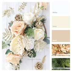 an arrangement of flowers and greenery in shades of beige, white, and green