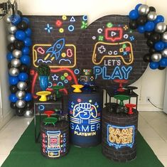 an image of a party setting with games on the wall and balloons in the background