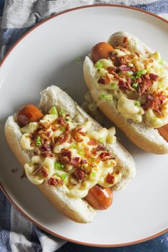 bacon mac and cheese hot dogs on a plate