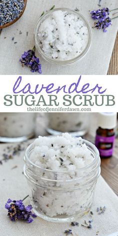 lavender sugar scrub in a small glass jar