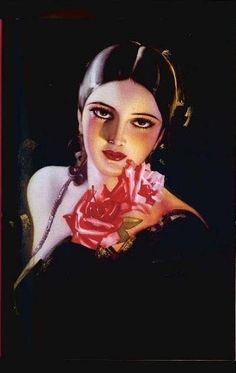 a painting of a woman holding a rose in her right hand and looking at the camera