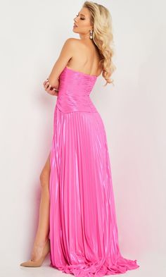 Long pleated strapless sweetheart flowing a-line formal dress by Jovani with side slit. Pleated Prom Dress, White Dresses For Sale, Metallic Prom Dresses, Plus Size Sequin Dresses, Maxi Dress Designs, Formal Dresses With Sleeves, Corset Dress Prom, Designer Prom Dresses, Prom Designs