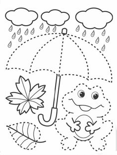 a coloring page with an umbrella and fish in the rain