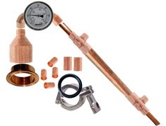 a pressure gauge, hose and fittings on a white background