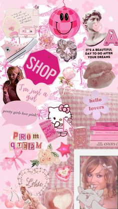 a collage of pink and white pictures with hearts, flowers, and other things