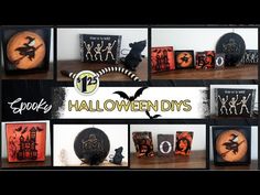 halloween decorations are displayed on the shelf in front of a black and white background with text that reads spooky halloween dys