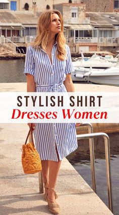 Looking to refresh your wardrobe? These shirt dresses offer the perfect blend of style and comfort. Whether you're heading to the office, a casual outing, or a weekend brunch, there's a shirt dress to suit every occasion. From classic neutrals to vibrant prints, these versatile dresses can be dressed up or down with ease. Add a belt for a polished look or keep it relaxed for a more laid-back vibe. These shirt dresses are a must-have for any fashion-forward woman. Shirt Over Dress Outfit Ideas, Styling A Shirt Dress, Shirt Dresses For Women Classy, Shirt Dress Outfit Ideas, Shirt Over Dress Outfit, Blue And White Striped Shirt Dress, Dresses For Women Classy, Shirt Over Dress, Elegant Shirt Dress