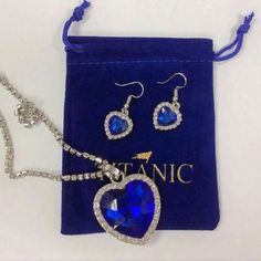 Titanic Jewelry, Ocean Heart, Blue Crystal Necklace, Ocean Necklace, Ocean Jewelry, Love Pendant, Love Forever, Crystal Necklace Pendant, Velvet Bag