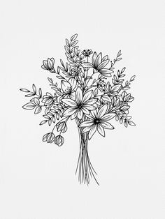 an ink drawing of flowers in a vase