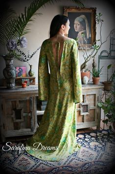 Bohemian Fitted Dress For Loungewear, Bohemian Floor-length Wedding Dress, Fitted Bohemian Dresses For Loungewear, Bohemian Fitted V-neck Gown, Spring Bohemian Nightgown For Sleep, Green Long Sleeve Bohemian Gown, Green Bohemian Long Sleeve Gown, Bohemian Nightgown For Spring Loungewear, Nightgown Lingerie