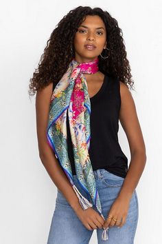 Crafted from 100% silk, the Silk Fiorah Scarf adds a touch of whimsy to any look. Featuring a bold selection of brilliant floral patterns against a sumptuous backdrop, this bold scarf is finished with decorative tassels at the corners. Add to a traditional work look for a bold pop of color. Johnny Was Women's Fiorah Silk Scarf in Fiorah Scarf Print Pink, 100% Silk, Floral Elegant Silk Dupatta With Floral Print, Elegant Floral Print Dupatta, Bohemian Dupatta For Spring, Bohemian Satin Silk Scarf For Summer, Spring Traditional Silk Scarf, Bohemian Silk Dupatta, Traditional Silk Scarf For Summer, Elegant Multicolor Dupatta With Printed Border, Elegant Multicolor Dupatta For Summer