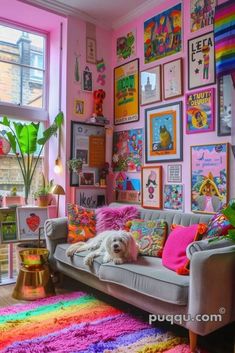 a living room filled with lots of colorful pictures on the wall and a dog laying on the couch