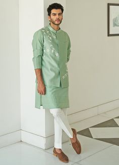 Mint Green Jacket Set Contrast by Parth - Fabilicious Fashion Engagement Hairstyle, Kurta Designs Men's, Mint Green Jacket, Bedroom Cabinet, Gents Kurta Design