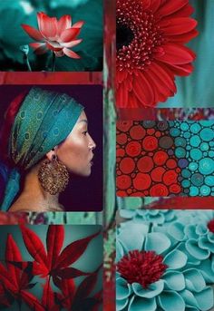 a collage of red and blue flowers with green leaves in the middle one has a turban on top