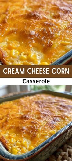 two pictures of a casserole dish with cheese and corn in it, one has been cooked