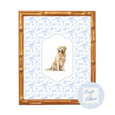 a golden retriever dog sitting in front of a blue and white background with an ornate frame