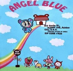 an advertisement for angel blue with cartoon animals and a rainbow in the sky above it