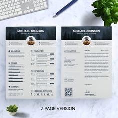 two professional resume templates on top of a desk with keyboard, plant and mouse