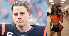 a woman in an orange shirt and black skirt standing next to a man wearing a football uniform