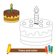 a coloring page with a birthday cake and crayons to be colored, the coloring book for preschool kids