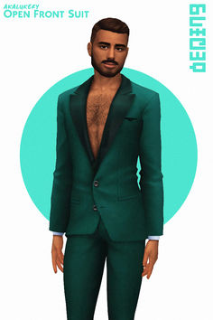 an animated man in a green suit with no shirt and black pants is posing for the camera