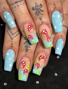 Fairy Mushroom Nails, Blue Mushroom Nails, Mystery Machine Nails, Forest Theme Nails, Enchanted Forest Nail Designs, Cosmo And Wanda Nails, Real Nail Designs, Gravity Falls Nails, Mushroom Nails Acrylic