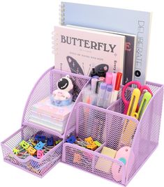 a purple desk organizer with pens, pencils, markers and other items in it