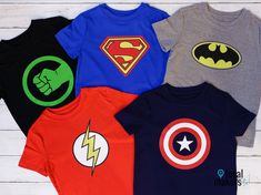 "This is a set of five coordinating superhero themed shirts! They're great for everyday wear, a themed party, or as a gift!  The shirts are super soft and durable. The designs are made with high quality heat transfer vinyl (HTV) on \"Cat and Jack\" branded shirts." Super Hero Shirt Ideas, Avengers Theme Birthday, Superhero Shirts, Superhero Tshirt, Avengers Theme, Super Hero Shirts, Themed Shirts, Superhero Kids, Superhero Shirt