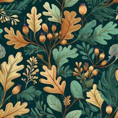 a green and yellow floral wallpaper with leaves, acorns and berries on it