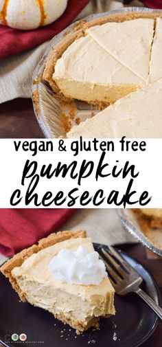 vegan and gluten free pumpkin cheesecake on a plate with a fork