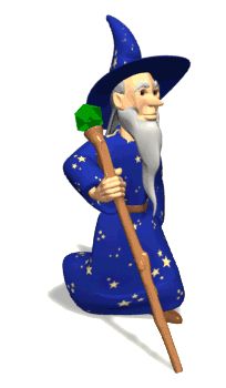 an animated wizard sitting on the ground holding a broom and wearing a blue outfit with stars