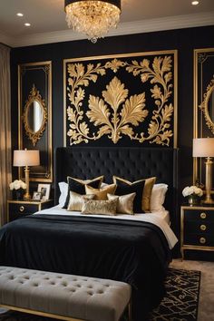 a bedroom decorated in black and gold with a large headboard on the wall above the bed