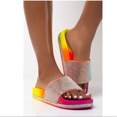 Too Cute To Be Worried. The Azalea Wang Thank You Next Flatform Sandal In Multi Is A Vibrant Slide Sandal Complete With An Ombre Color Hue, Rhinestone Gem Detailing, An Open Toe, And Cushioned Sole. Slip-On And Pop Out In Style. Psst, This Style Runs Small. We Recommend Sizing Up One Size.... - Open Toe - Flat Sole - Imported Spring Rhinestone Flip Flops With Round Toe, High Heel Rhinestone Beach Sandals, Rhinestone High Heel Sandals For Beach, Multicolor High Heel Sandals With Rhinestones, Multicolor Rhinestone Sandals For Spring, Multicolor Rhinestone High Heel Sandals, Summer Multicolor Sandals With Rhinestones, Multicolor Rhinestone Sandals For Summer, Multicolor Rhinestone Beach Sandals