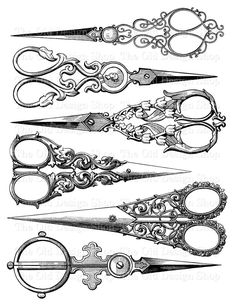 antique scissors are lined up in rows on a pink background, vintage line drawing or engraving