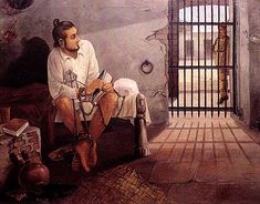 a painting of a man sitting in front of a jail cell