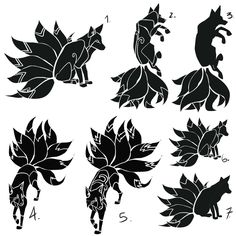 some black and white drawings of animals with leaves on their backs, including an animal's head