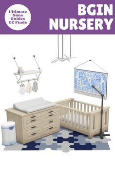 a baby's nursery room is shown in purple and white with the words, begin nursery