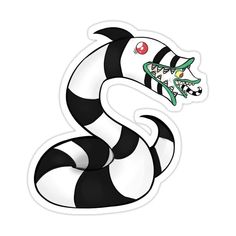 a black and white striped snake sticker with an evil face on it's head