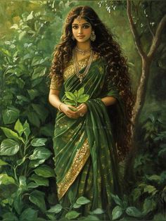 a painting of a woman with long hair in a green sari and gold jewelry