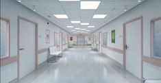 an empty hospital hallway with white walls and pink trim on the doors, windows and blinds