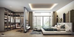 a modern bedroom with wood floors and white walls